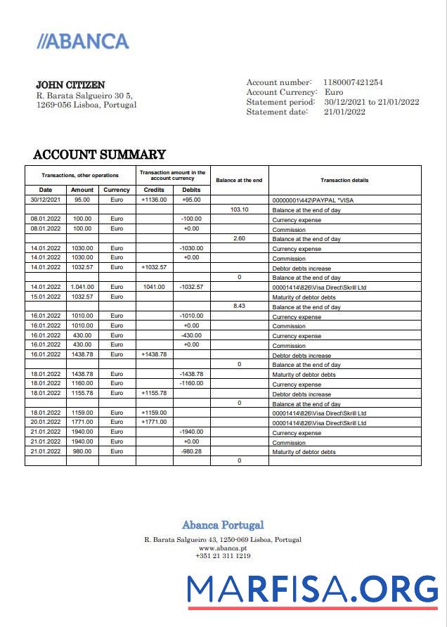 Printable Portugal Abanca bank statement word template